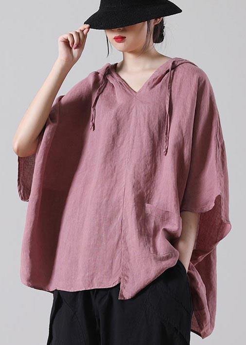 Modern Pink Batwing Sleeve Cotton Linen Summer Top