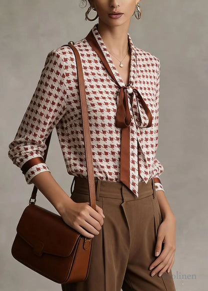 Modern Pink Bow Collar Plaid Chiffon Shirts Top Spring