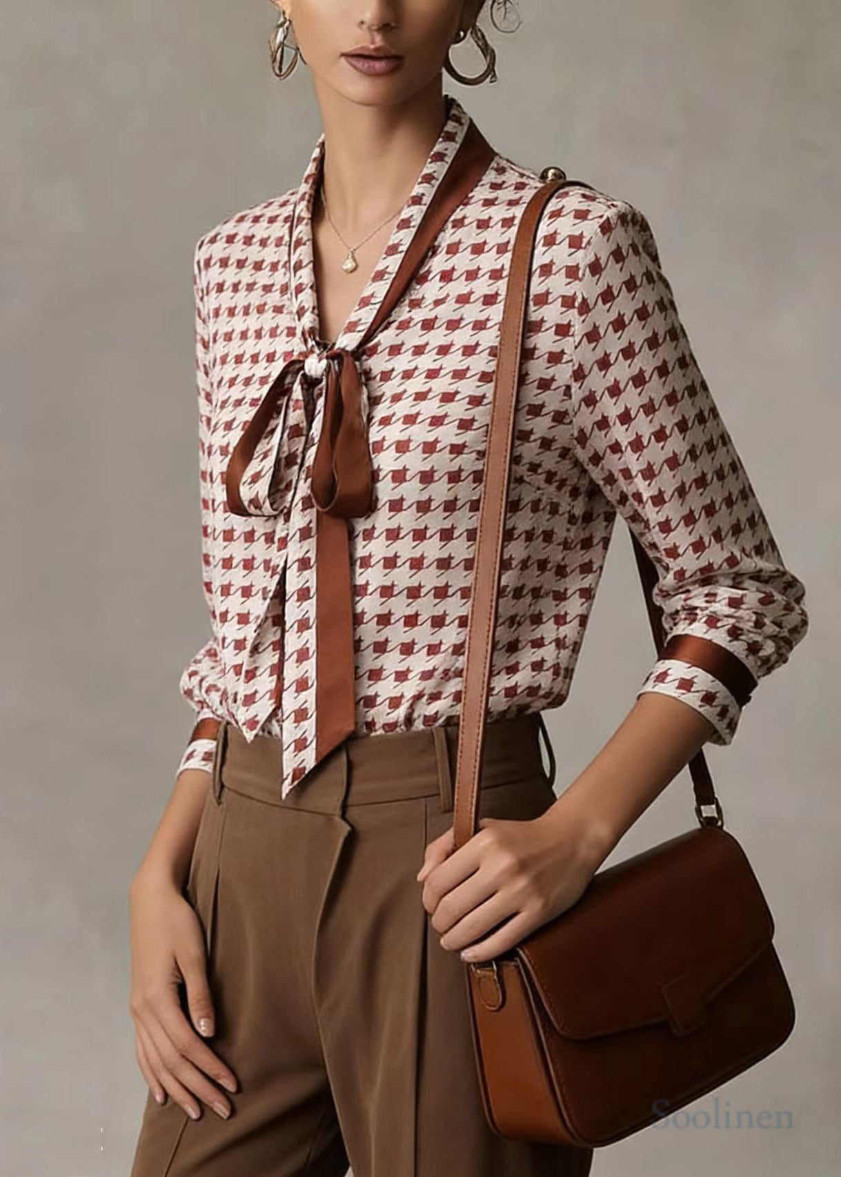 Modern Pink Bow Collar Plaid Chiffon Shirts Top Spring