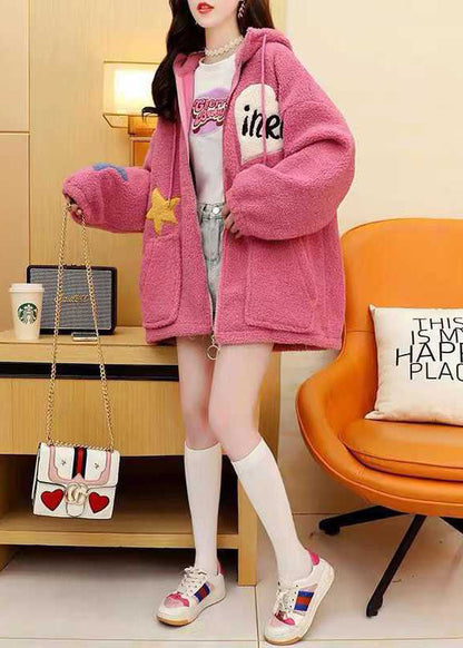 Modern Pink Hooded Faux Fur Winter Coats
