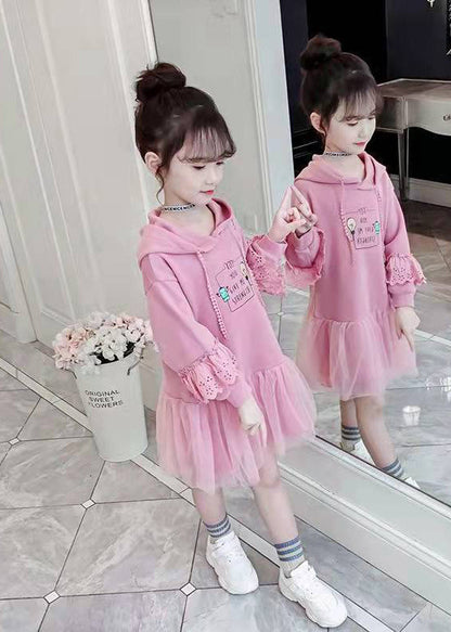 Modern Pink Hooded Print Patchwork Cotton Mid Dress Fall