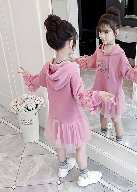 Modern Pink Hooded Print Patchwork Cotton Mid Dress Fall