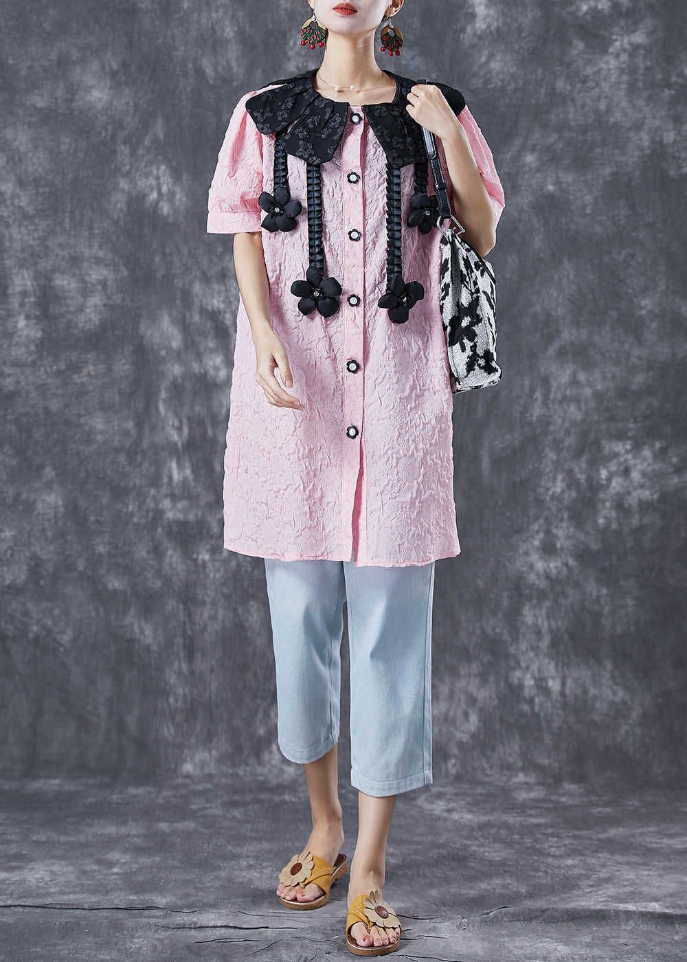 Modern Pink Jacquard Cotton Shirt Dress Summer