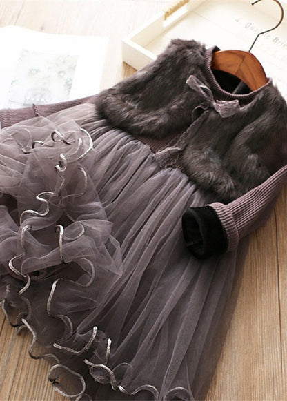 Modern Pink Mink Velvet False Two Pieces Warm Fleece Baby Dress Winter