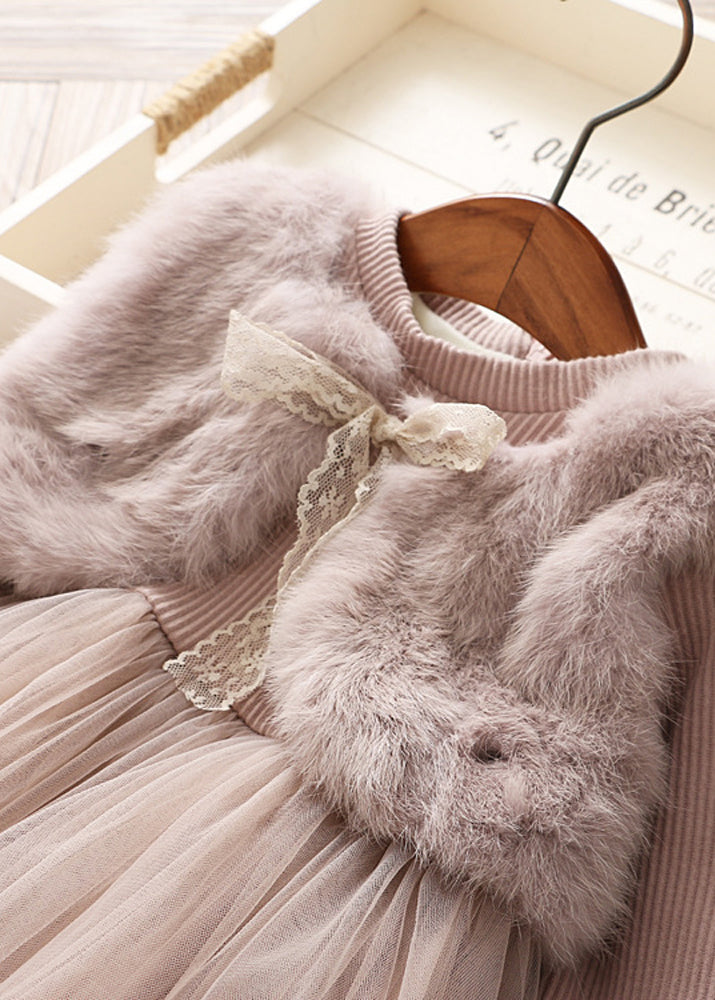 Modern Pink Mink Velvet False Two Pieces Warm Fleece Baby Dress Winter