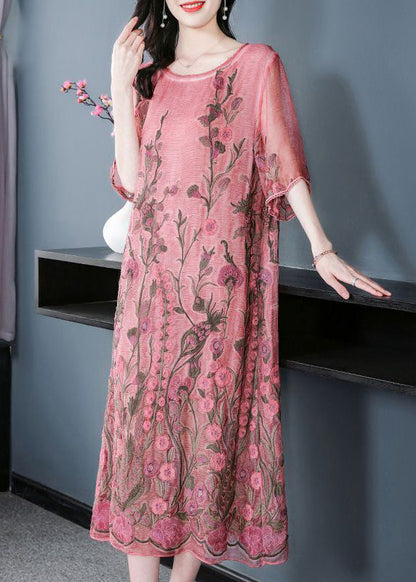 Modern Pink O-neck Embroideried Silk a Line Dress Half Sleeve
