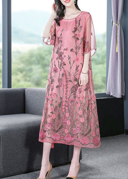Modern Pink O-neck Embroideried Silk a Line Dress Half Sleeve