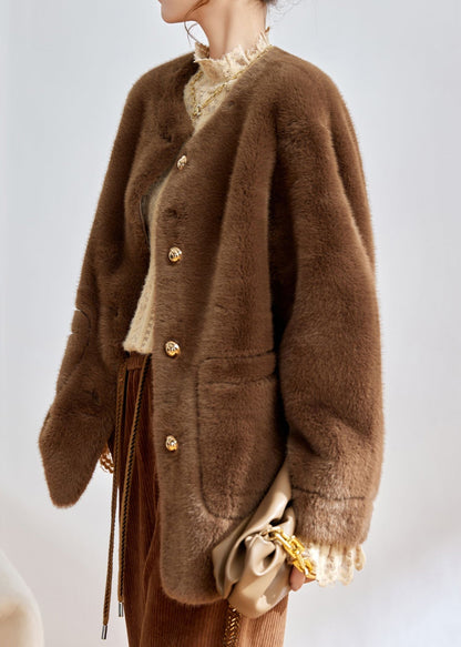 Modern Pink O-neck Pockets Button Faux Fur Jackets Winter
