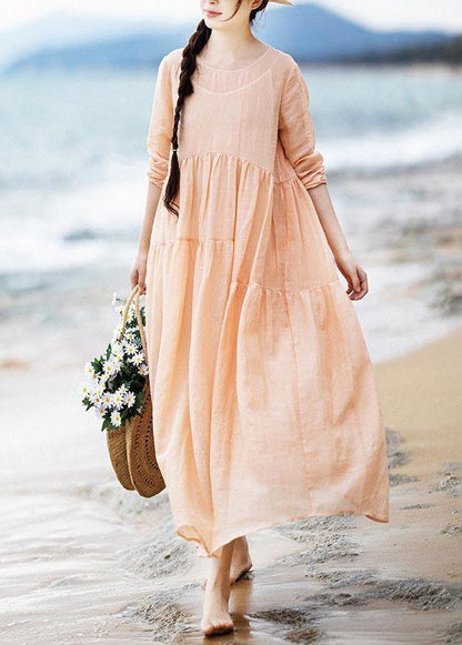 Modern Pink Patchwork Linen Asymmetrical Design Summer Ankle Dress