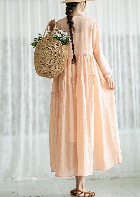 Modern Pink Patchwork Linen Asymmetrical Design Summer Ankle Dress