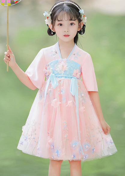 Modern Pink Patchwork Tie Waist Tulle Mid Dresses Short Sleeve