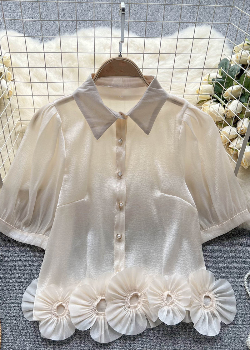 Modern Pink Peter Pan Collar Patchwork Chiffon Shirts Top Summer