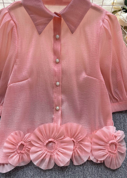 Modern Pink Peter Pan Collar Patchwork Chiffon Shirts Top Summer
