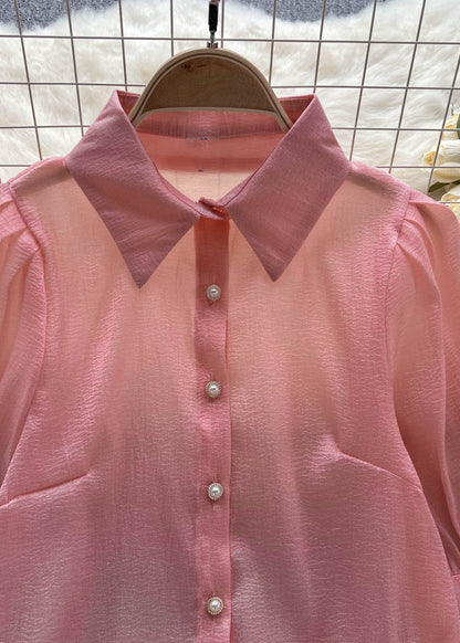 Modern Pink Peter Pan Collar Patchwork Chiffon Shirts Top Summer