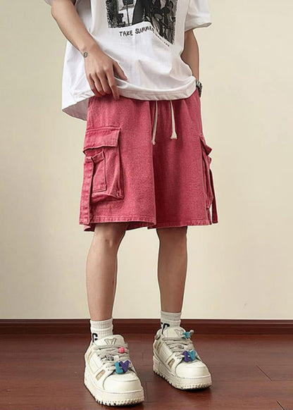 Modern Pink Pockets Elastic Waist Denim Shorts Summer