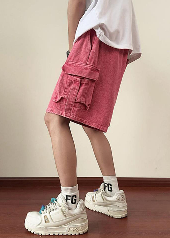 Modern Pink Pockets Elastic Waist Denim Shorts Summer