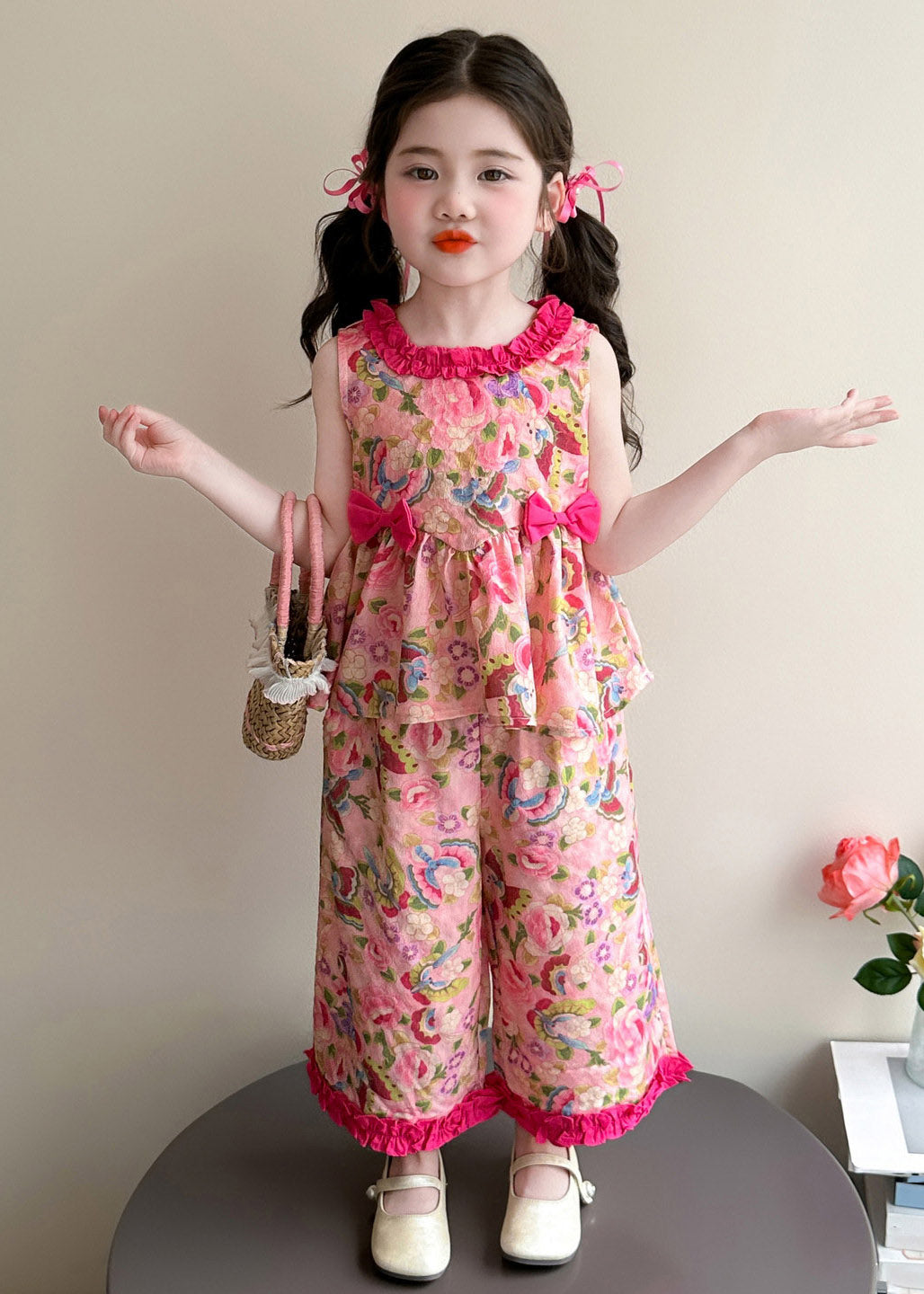 Modern Pink Print Bow Top and Wide Leg Pants Two Pieces Set Summer