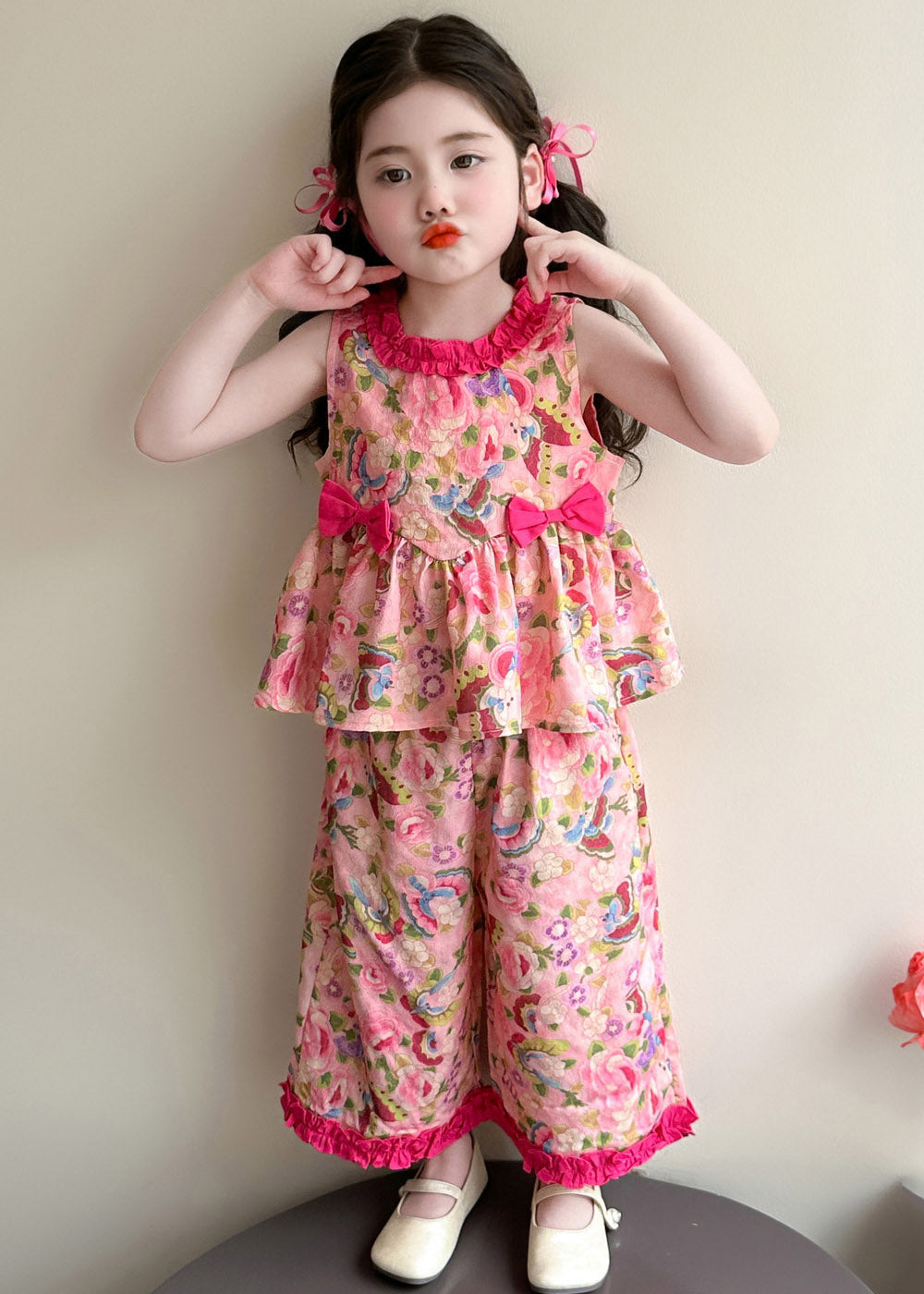 Modern Pink Print Bow Top and Wide Leg Pants Two Pieces Set Summer