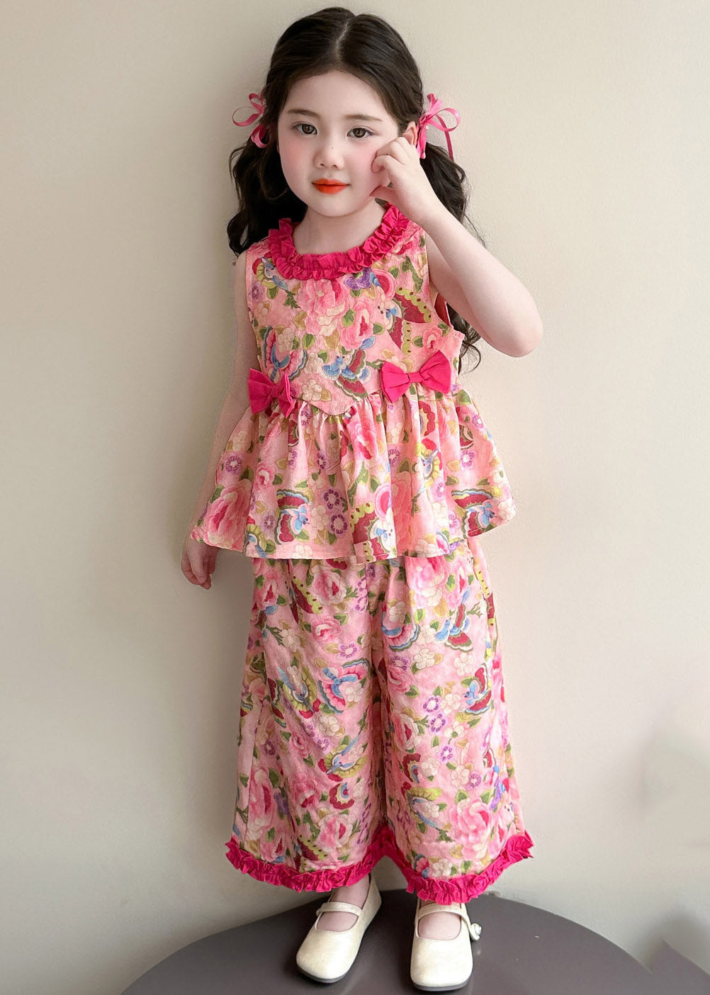 Modern Pink Print Bow Top and Wide Leg Pants Two Pieces Set Summer