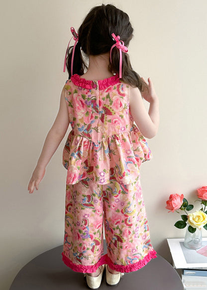 Modern Pink Print Bow Top and Wide Leg Pants Two Pieces Set Summer