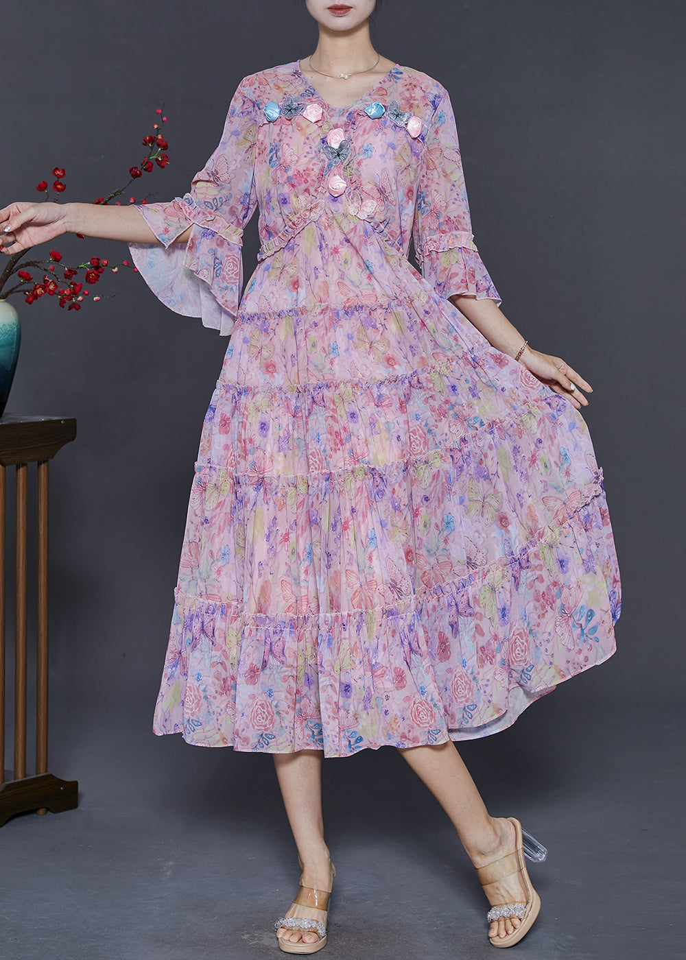 Modern Pink Print Butterfly Chiffon Dress Flare Sleeve