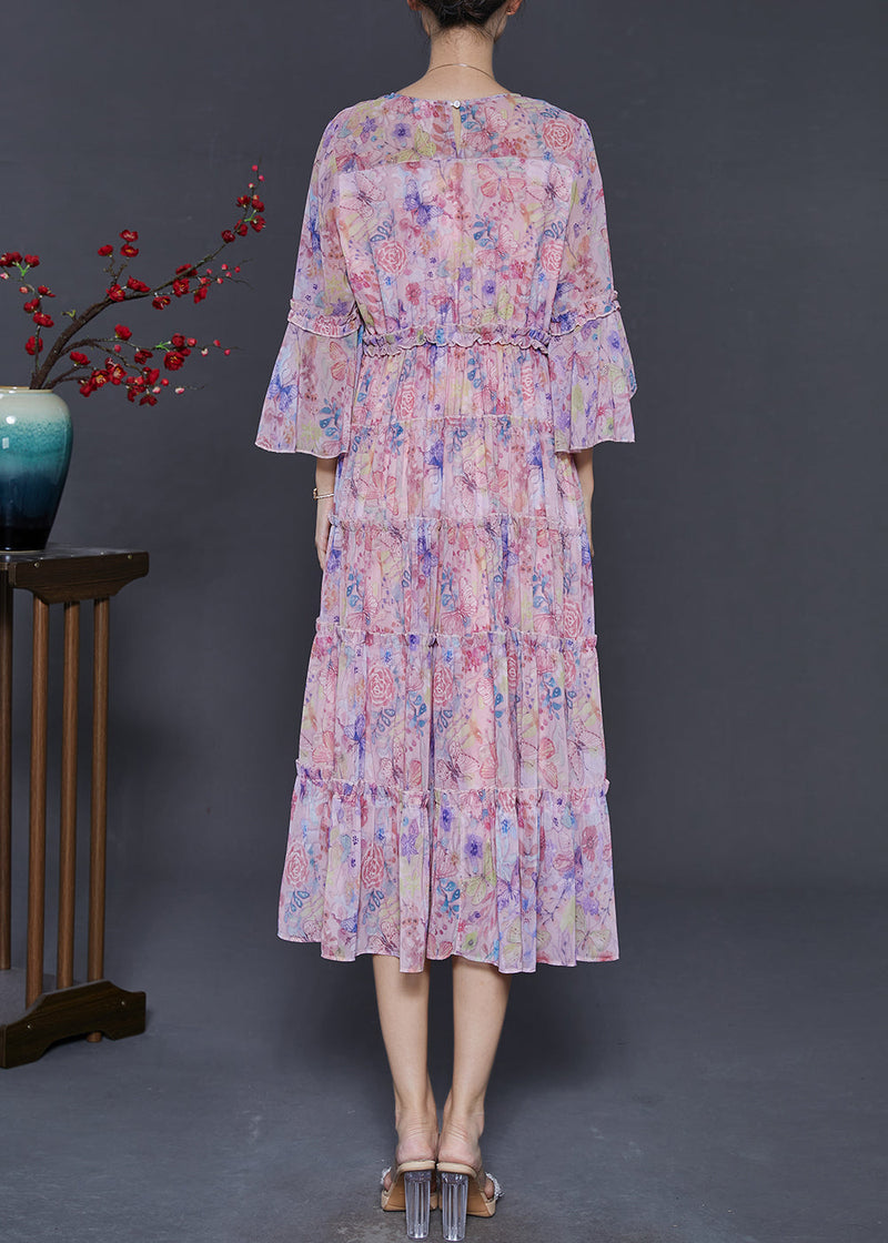 Modern Pink Print Butterfly Chiffon Dress Flare Sleeve