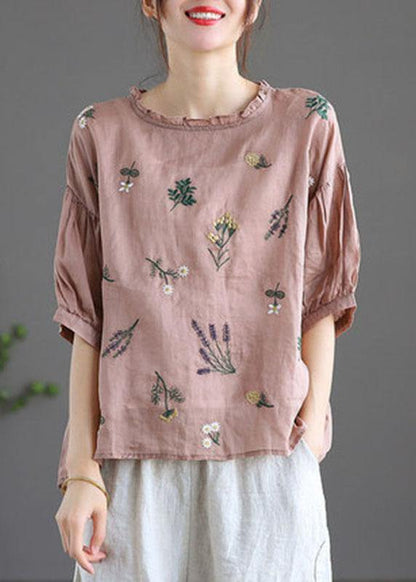Modern Pink-flower4 Regular Embroideried Summer Half Sleeve