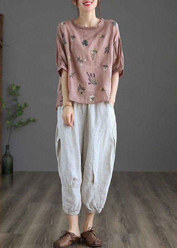 Modern Pink-flower3 Regular Embroideried Summer Half Sleeve