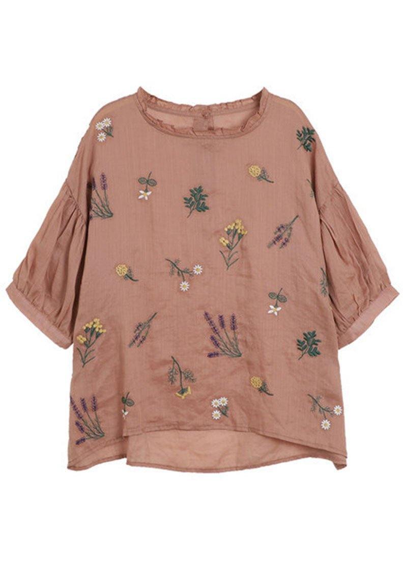 Modern Pink-flower3 Regular Embroideried Summer Half Sleeve