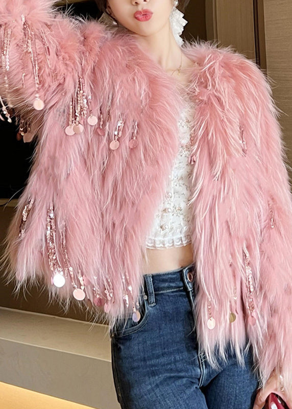 Modern Pink Sequins Tassel Leather and Fur Coats Winter