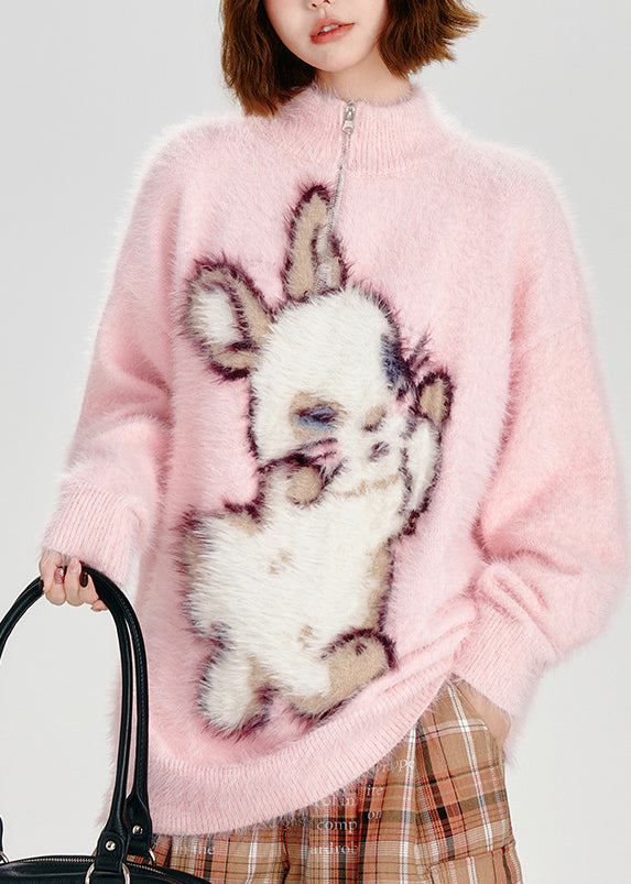Modern Pink Stand Collar Rabbit Fuzzy Fur Fluffy Sweater Tops Winter