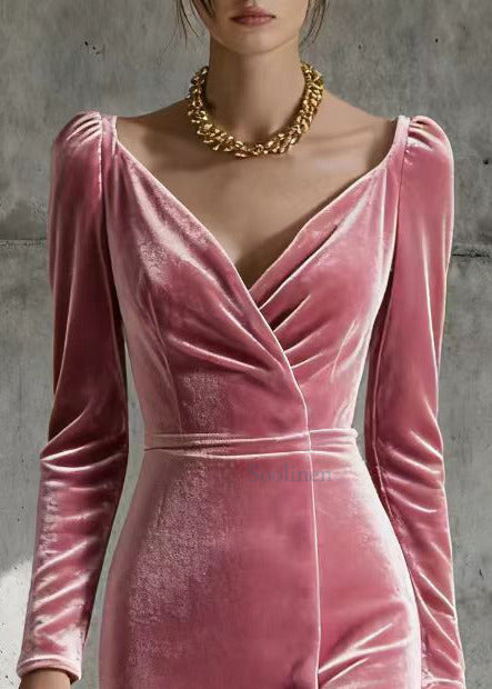 Modern Pink V Neck Patchwork Silk Velvet Holiday Dress Spring