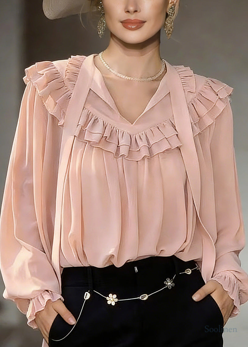 Modern Pink V Neck Ribbon Shirts Lantern Sleeve