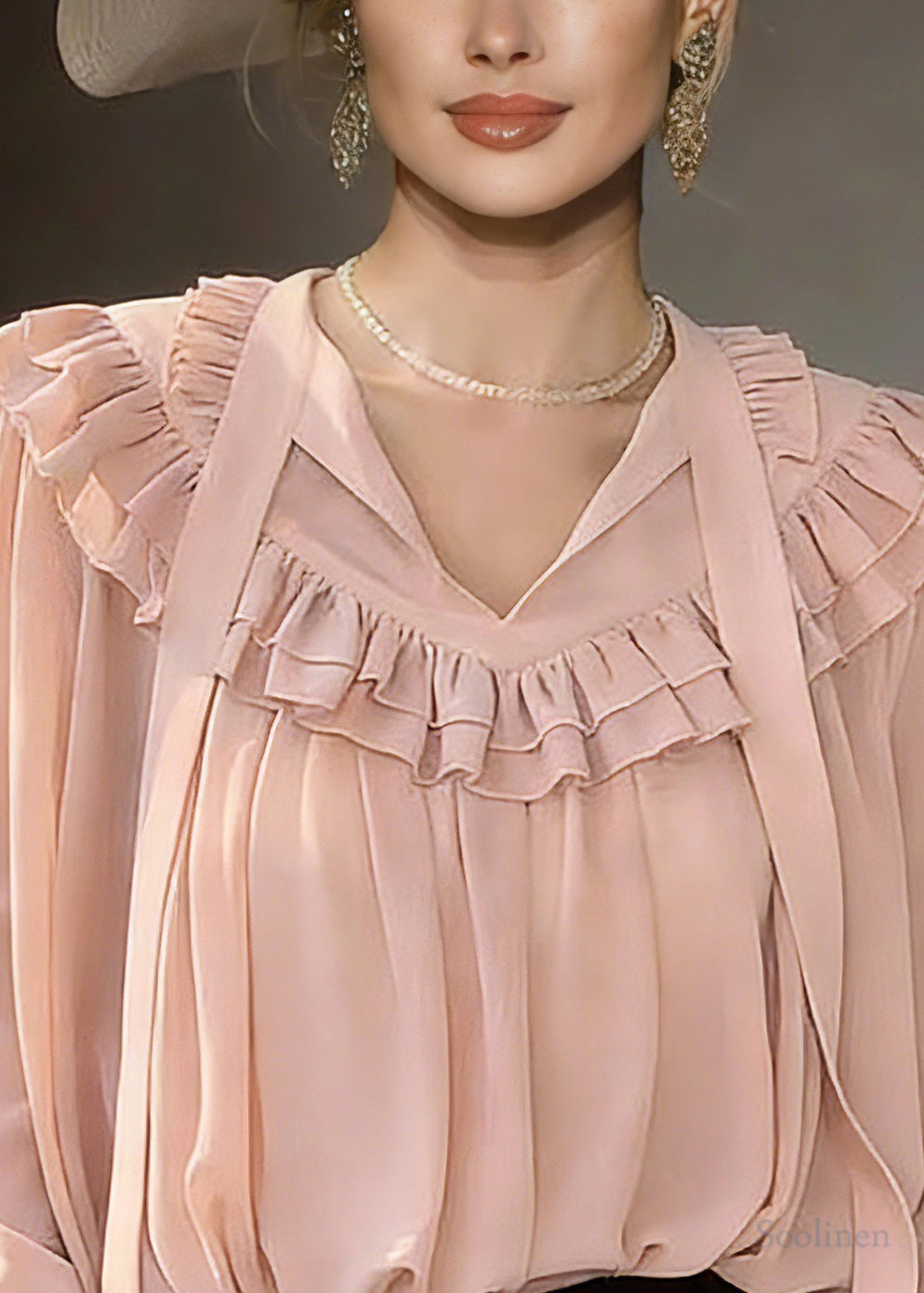 Modern Pink V Neck Ribbon Solid Shirts Lantern Sleeve