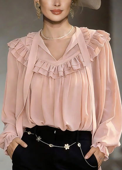 Modern Pink V Neck Ribbon Solid Shirts Lantern Sleeve