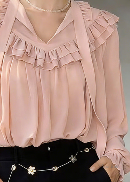Modern Pink V Neck Ribbon Solid Shirts Lantern Sleeve