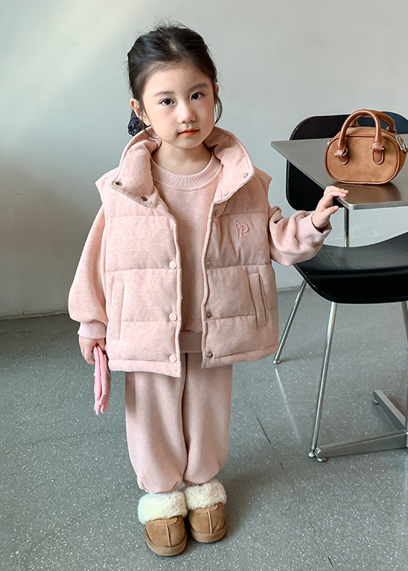 Modern Pink Warm Fleece Kids Waistcoat Top and Pants Three Pieces Set Winter