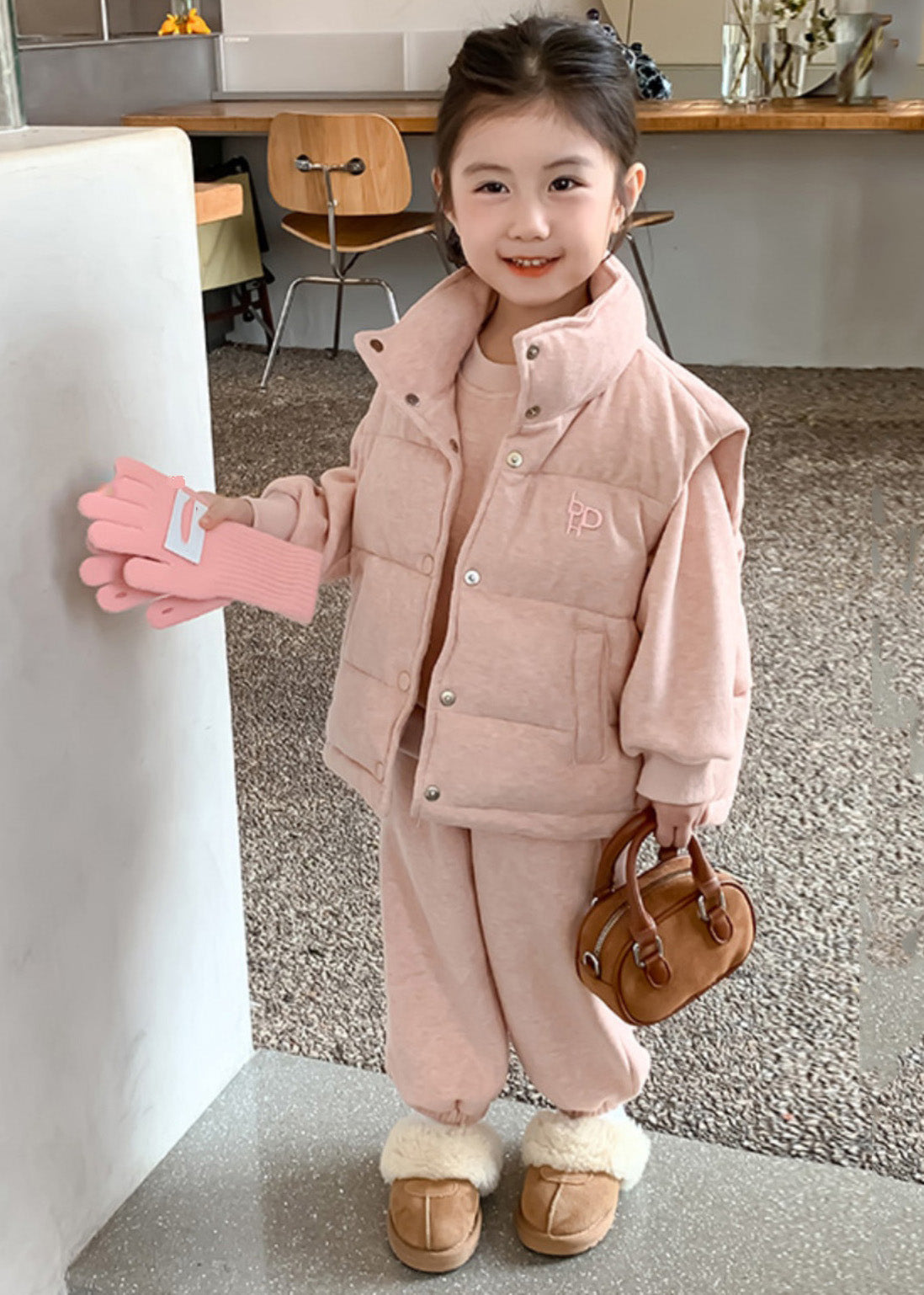 Modern Pink Warm Fleece Kids Waistcoat Top and Pants Three Pieces Set Winter