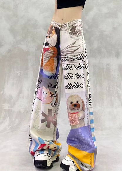 Modern Print Pockets High Waist Denim Pants Summer