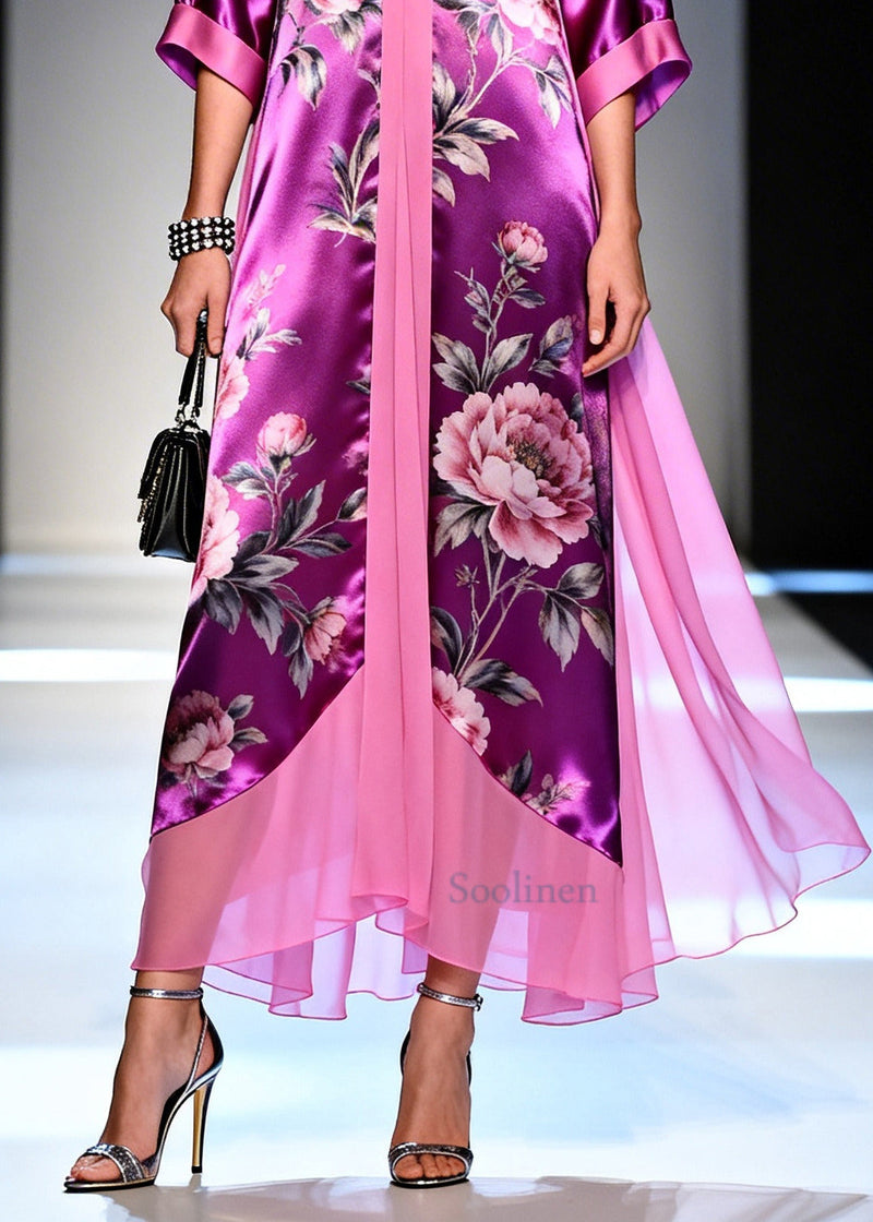 Modern Purple Flower Print Patchwork Silk Long Dress Summer