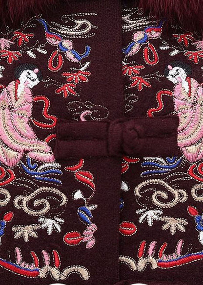 Modern Purple Fox Collar Embroideried Pockets Woolen Coats Winter