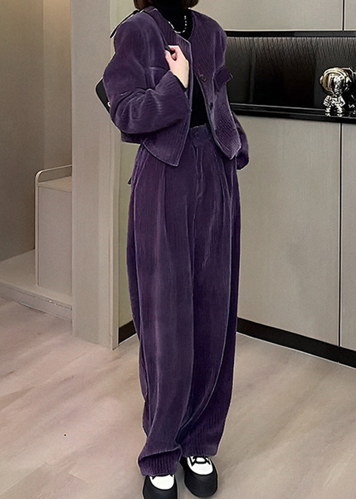 Modern Purple O-neck Button Silk Velour Coats and Wide Leg Pants Two Pieces Set Fall
