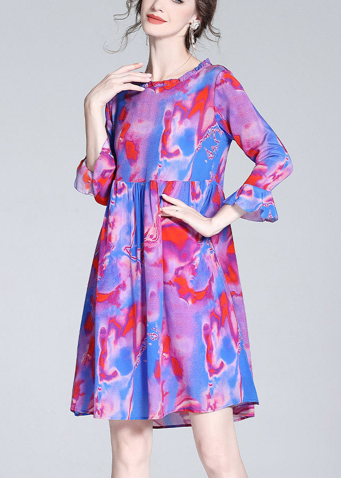 Modern Purple O-neck Ruffled Print Cinched Silk Mid Dress Flare Sleeve