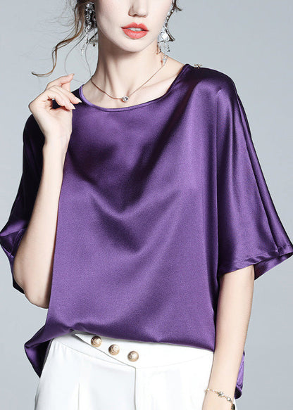 Modern Purple O-neck Silk Top Short Sleeve