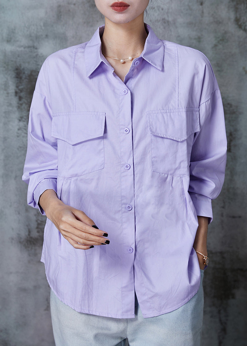 Modern Purple Wrinkled Pockets Cotton Blouse Tops Summer