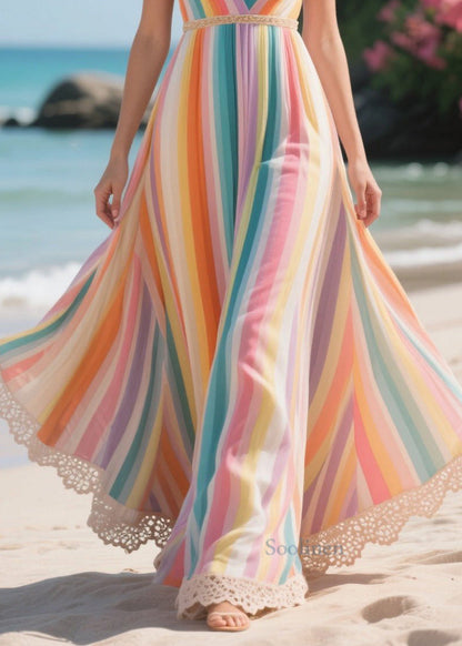 Modern Rainbow Patchwork Exra Large Hem Chiffon Vacation Dress Summer