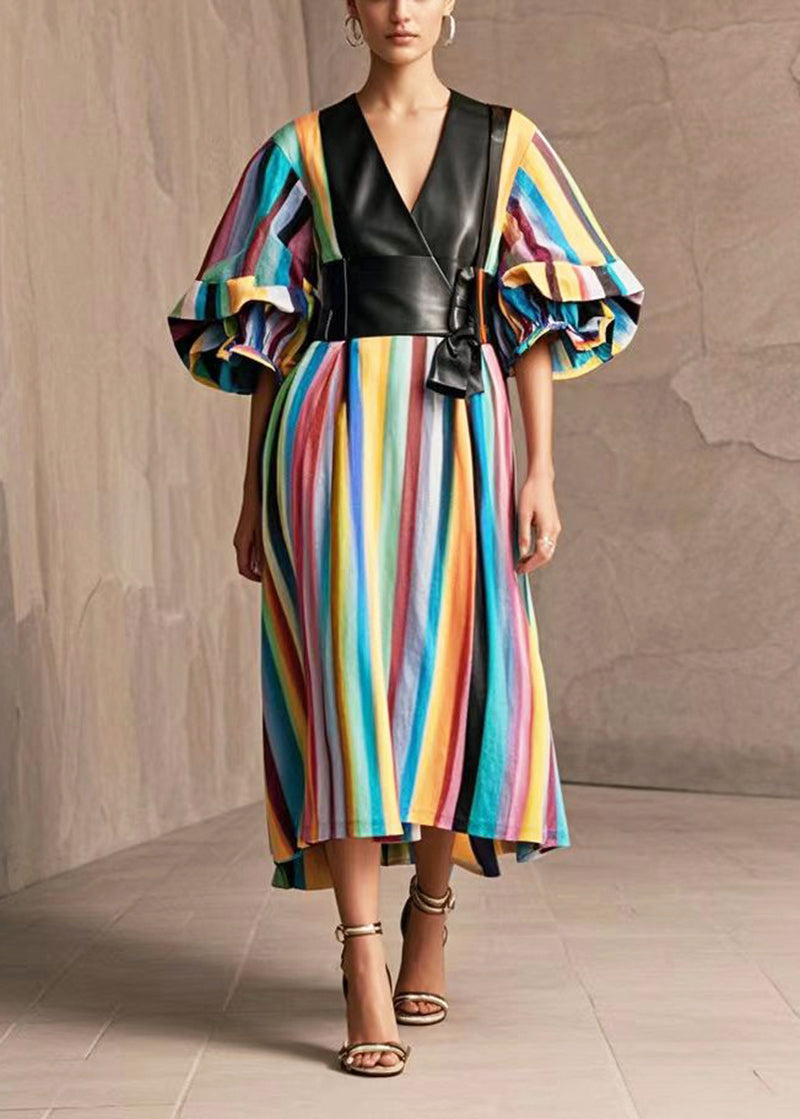Modern Rainbow Striped Patchwork Pu Cotton Dress Puff Sleeve