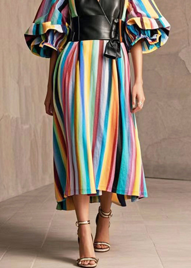 Modern Rainbow Striped Patchwork Pu Cotton Dress Puff Sleeve