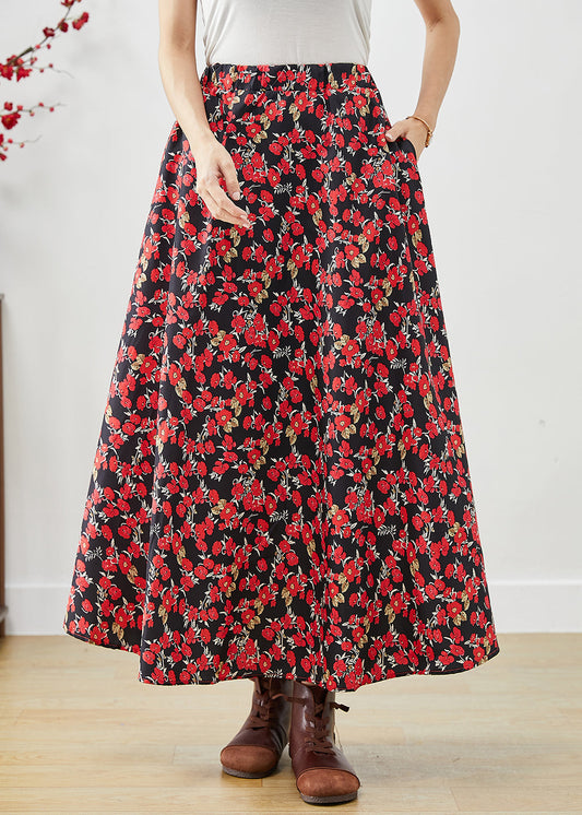 Modern Red Print Exra Large Hem Cotton Skirts Fall