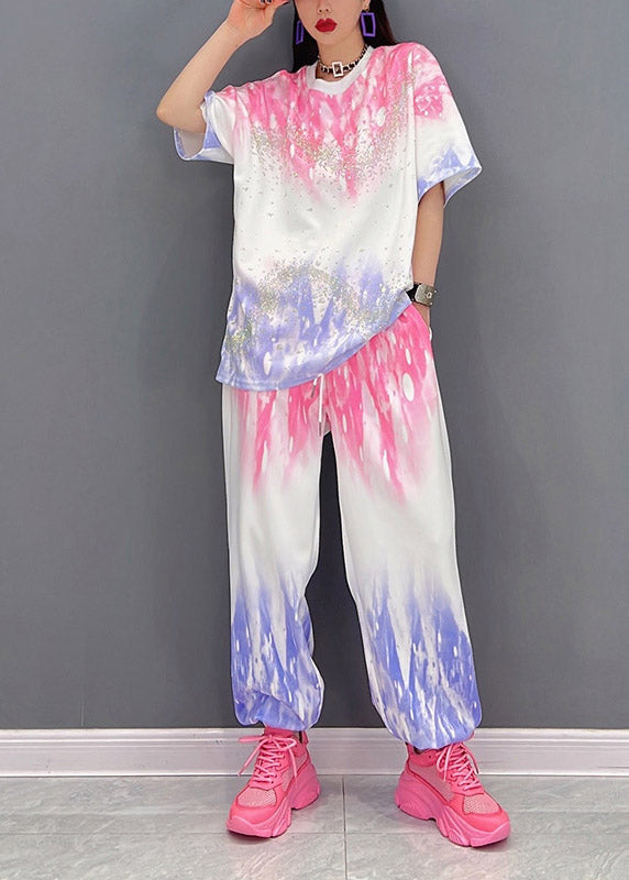Modern Red Gradient Color O-neck Tanks and Pants Two Pieces Set Half Sleeve